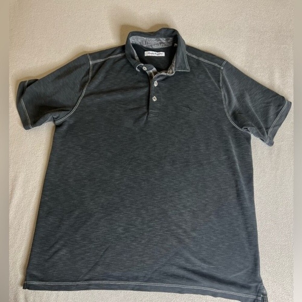 Tommy Bahama Shirt Mens Heathered Black Paradise Palmetto Hawaiian Polo Sz M
